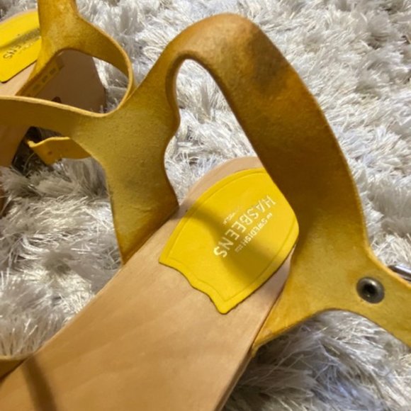 Swedish Hasbeens Heart Medallion Clogs Wooden Leather Sandals Size 40 (9) Yellow - Picture 9 of 10